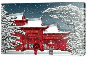 Japońska lub chińska świątynia pod śniegiem