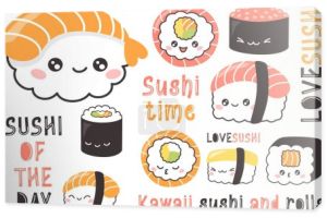 Cute wektor zestaw sushi i bułki. Japońskie jedzenie z dodatnimi twarzami. Zabawne napisy o jedzeniu i sushi