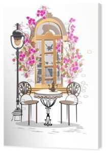 Seria tła ozdobione kwiatami, widokiem na stare miasto i kawiarni ulicznych. Okno kawiarni. Ręcznie rysowane wektorowe tło architektoniczne z zabytkowymi budynkami. 