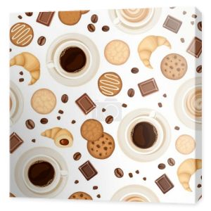 Bezszwowe tło z filiżanki kawy, fasola, ciasteczka, rogaliki i czekolady. Ilustracja wektorowa.