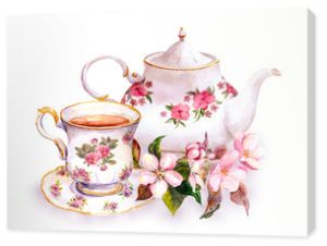 Herbata - filiżanka i czajniczek z kwiatami. Vintage projekt akwareli