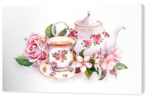 Filiżanka, dzbanek do herbaty, różowe kwiaty - róża i kwiat wiśni. Akwarela