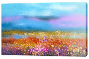 Streszczenie kolorowy obraz olejny pejzaż tła. Semi abstrakcyjny obraz wildflower i pola. Żółte i czerwone polne kwiaty na łące z błękitnym niebem. Wiosna, lato sezon natura tło