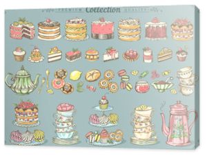 Duża kolekcja vintage ręcznie rysowane herbaty i piekarni kb. Rysunek odręczny, szkic