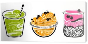 Chia pudding, granola, smoothie w stylu doodle na białym tle. Hipsterzy zdrowej żywności. opcje gotowania. szkic wektora z superjedzeniem.