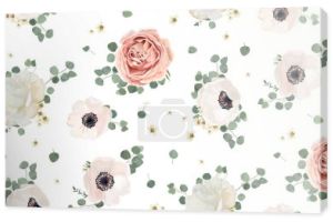 Wzór kwiatowy wzór akwarela wektor: ogród rose Piwonia, proszek biały różowy Anemone srebrny kwiat eukaliptusa gałąź Zielona tymianek wosk kwiaty zieleni liści. Rustykalne romantyczny tła wydruku