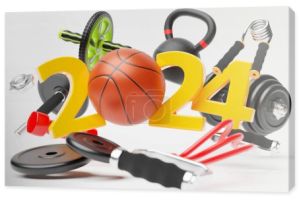 3D ilustracja projektowania szczęśliwego nowego roku 2024 i sprzętu sportowego. Sprzęt sportowy: kettlebell, hantel, elastyczna opaska do uprawiania sportu, rolka gimnastyczna dla prasy. Sport Szczęśliwego Nowego Roku banner