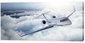 Realistyczne zdjęcie białego luksusowego ogólnego projektu prywatnego odrzutowca lecącego nad ziemią. Puste błękitne niebo z białymi chmurami w tle. Koncepcja podróży służbowych. Poziomy. renderowanie 3d