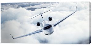 Realistyczny obraz białego luksusowego ogólnego projektu prywatnego samolotu lecącego nad ziemią. Puste błękitne niebo z białymi chmurami w tle. Koncepcja podróży służbowych. Poziomy. renderowanie 3d