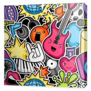 Muzyka party kawaii wzór. Instrumenty muzyczne, symbole i przedmioty w stylu kreskówkowym