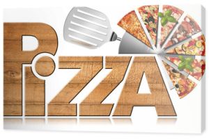 Pizza - Drewniany symbol z kawałkami pizzy / Drewniana ikona lub symbol z tekstem Pizza, nóż do pizzy ze stali nierdzewnej i kawałki pizzy. Pojedynczo na białym tle
