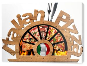 Drewniany symbol włoskiej pizzy z płomieniami / Drewniany symbol z kawałkami pizzy, płomieniami, tekstem Włoska pizza, srebrnymi sztućcami i włoską flagą. Na białym tle