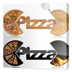 Pizza - Dwa symbole z kawałkami pizzy / Dwa symbole z kawałkami pizzy, tekstem Pizza, płomieniami i łopatką. Na białym tle