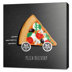 Wektor wzór dostawy pizzy, menu restauracji włoskiej, kawiarni, pizzerii. Pizza z kołami na tle czarnej tablicy. Kawałek pizzy z pomidorami, oliwkami, pieczarkami. Symbol dostawy fast food.