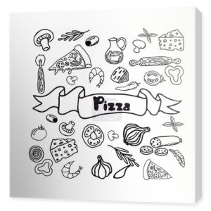 Włoska pizza i składniki. Włoski wzór menu żywności. Szablon projektu menu pizzerii. Vintage ręcznie rysowane szkic wektor ilustracji. Grawerowany obraz.