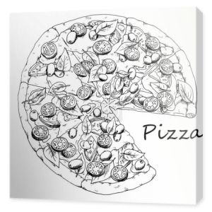 Świeże gorące włoskie warzywa wegetariańska pizza z restauracji w domu. Okrągła pizza z kawałkiem mięsa. Wypełnione pomidorami, oliwkami, serem i bazylią. Ilustracja tuszu w starym stylu vintage. Izolacja