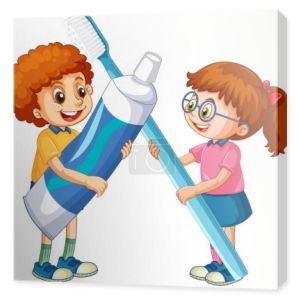 Dzieci trzymające pastę do zębów i szczoteczkę na białym tle ilustracji