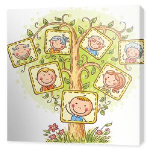 Drzewo genealogiczne na zdjęciach, małe dziecko z rodzicami i dziadkami