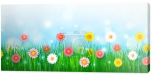 Ilustracja wektor wiosna abstrakcyjne tło piękny kolorowy kwiat, dla koncepcji wakacje wiosna czas nad błękitnym niebem, z lekkim rozmyciem bokeh i efekt brokatu, szablon baner z miejsca kopiowania