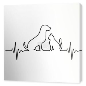 Linia ilustracja pulsu z psem i kotem na białym tle