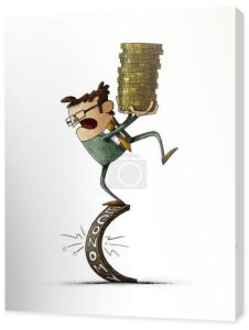 ilustracja człowieka trzymającego stos monet balansuje na światowej gospodarce, która się załamie. izolowany