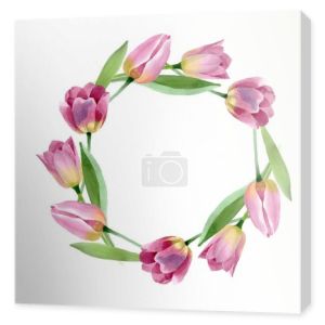 Różowe tulipany kwiatowe kwiaty botaniczne. Akwarela zestaw ilustracji tła. Obramowanie ramy ornament kwadrat.