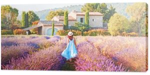 Urocza dziewczyna ubiera się w niebieską sukienkę boho chic i słomkowy kapelusz spacerując niesamowite kwitnące pole lawendy w Prowansji we Francji. Widok panoramiczny. Zdjęcie postprodukcyjne w tradycyjnych, prowansalskich pastelowych tonacjach.