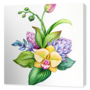 akwarela ilustracja kwiatowy, egzotyczna natura, bukiet kwiatów tropikalnych, orchidea, zielone liście, izolowana na białym tle