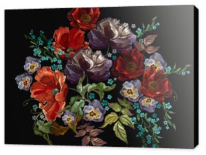 Haft. Czerwone maki i fioletowe kwiaty, letni bukiet. Ilustracja moda botaniczna. Szablon na ubrania