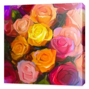 Martwa natura z żółtymi i czerwonymi kolorami kwiatów. Obraz olejny bukiet kwiatów róży. Ręcznie malowane kwiatowy styl impresjonistyczny.