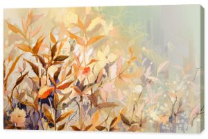 Abstrakcyjny obraz olejny kolorowy kwiat z liściem pomarańczowy, czerwony, żółty. Ilustracja ręcznie malowana, natura jesień, jesień. Projekt farby do naturalnej tapety. Vintage kwiatowy kolor tła