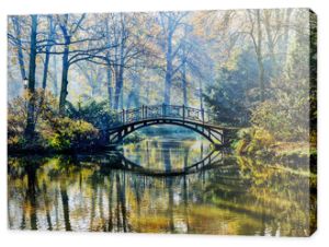 Jesień - Stary most w jesiennym mglistym parku
