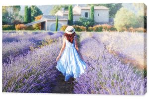 Piękna młoda kobieta spaceru w polu lawendy w Prowansji, Francja, park narodowy Luberon. Modny strój niebieska sukienka, słomkowy kapelusz. Widok z tyłu. Tradycyjny dom w tle. Fiolet w naturze.