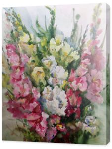 Streszczenie jasne kolorowe tło dekoracyjne. Kwiatowy wzór ręcznie robione. Piękny delikatny romantyczny wiosenny bukiet kwiatów mieczyk, wykonany w technice akwareli z natury.