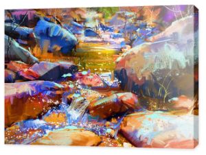 piękny wodospad z kolorowymi kamieniami w jesiennym lesie, obraz cyfrowy