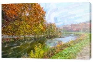 Akwarela ilustracja natury rzeki Izar w okresie jesiennym. Niemcy