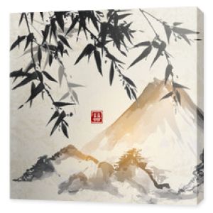 Bambus i góry. Tradycyjne japońskie malarstwo tuszem sumi-e. Zawiera hieroglif - podwójne szczęście.