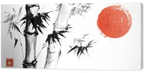 Bambusowe i czerwone słońce na białym tle. Tradycyjne japońskie malarstwo sumi-e. Hieroglif- wieczność