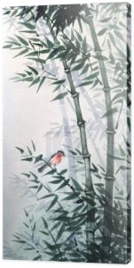 ptaszek w bambusowym gaju. obraz w stylu japońskim