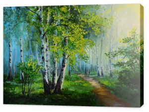 obraz olejny pejzaż - brzozowy las, abstrakcyjny rysunek, wykonany w