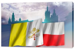 Flagi Polski i Watykanu na krajobrazie Krakowa