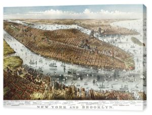 Nowy Jork, stary widok z lotu ptaka. Parsons &amp  Atwater, wyd. Currier i Yves, Nowy Jork, 1875