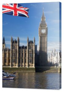 Big Ben z flagą Anglii, Londynu, Wielkiej Brytanii