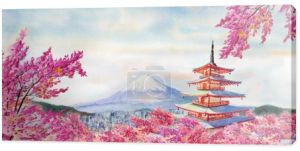 Kolorowe akwarela malarstwo znanych zabytków w Japonii. Chureito czerwony Pagoda, Mount Fuji i różowy kolor cherry blossom piękny w sezonie wiosennym o wschodzie słońca w godzinach porannych, kopiować miejsca na tle nieba.