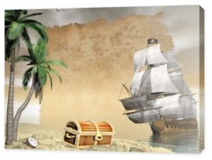 Statek piracki odnajdujący skarb - renderowanie 3D