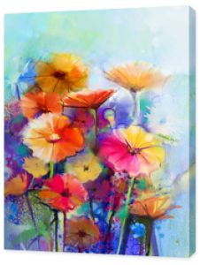Streszczenie kwiatowy malarstwo akwarela. Farba ręczna biały, żółty, różowy i czerwony kolor kwiatów daisy-gerbera w miękkim kolorze na niebiesko zielony kolor tła. Wiosenny kwiat sezonowy charakter tła