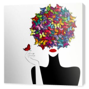 Stylizowana kobieta z kolorowymi motylami na głowie