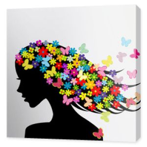 Piękne sylwetki profilu kobiety z kwiatami i motylami