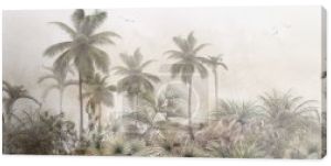 drzewa tropikalne i liście do druku cyfrowego tapety, niestandardowe projektowanie tapety - ilustracja 3D