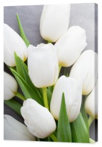 Więcej białych tulipanów na szarym tle.
